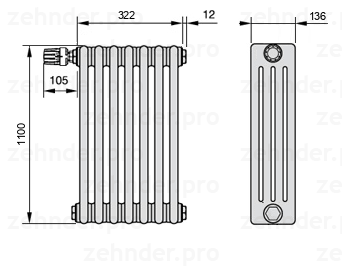 Схема (чертеж) Радиатор Zehnder Charleston 4110/7 №V011 Белый глянцевый RAL 9016